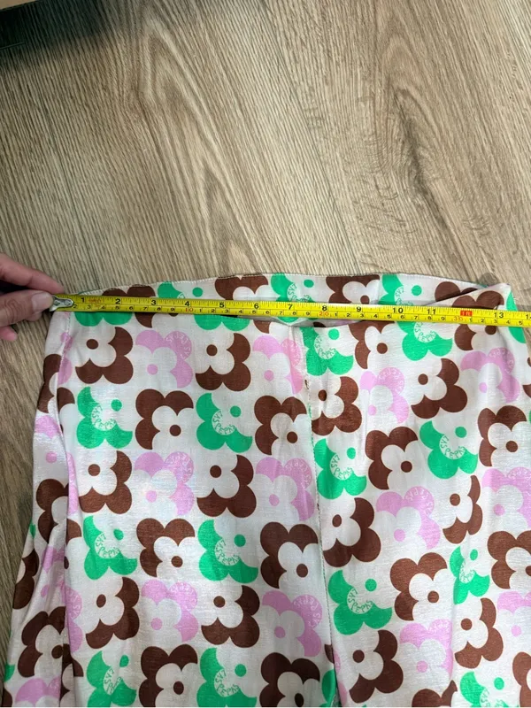Retro Flower Power Flared Pants Pink Green Brown Daisy Print Y2K 70s S - Image 3