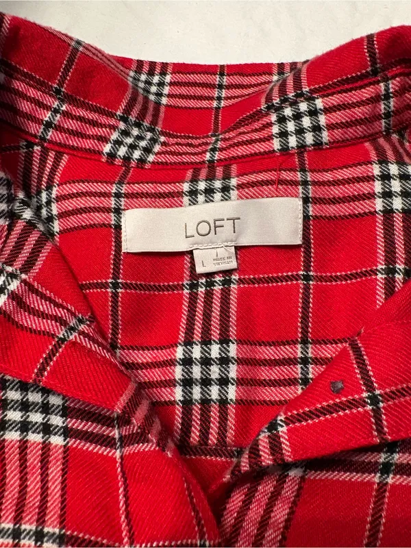 LOFT Red Preppy Plaid Long-Sleeve Button Front Dress size L - Image 7