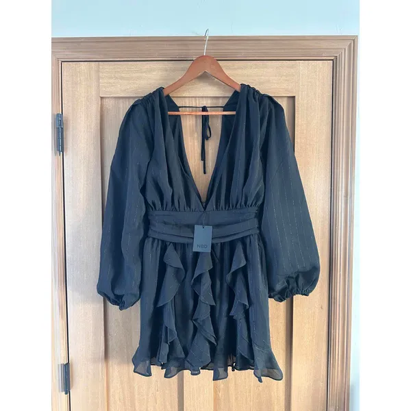 NWT NBD Revolve Anya Mini Puff Sleeve Dress in Black Metallic Women’s size Small - Image 15