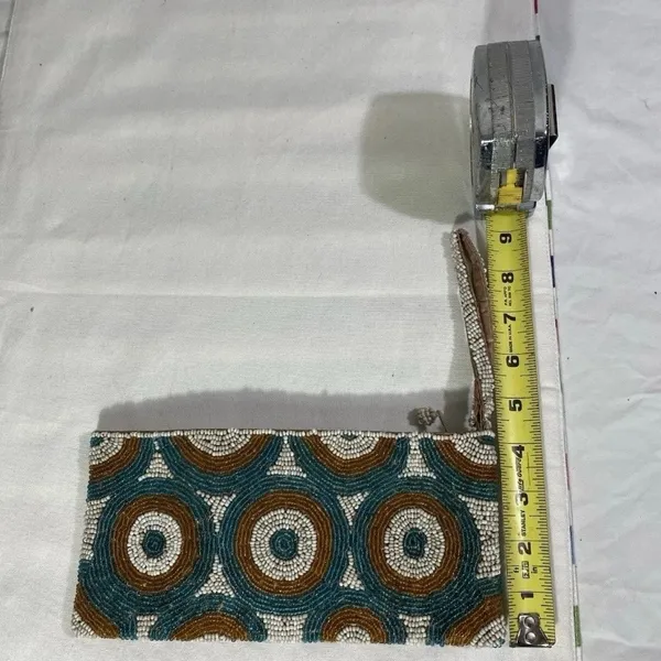 Hand Beaded Wristlet Clutch Teal Brown White Geometric Boho Zip Pouch - Image 2