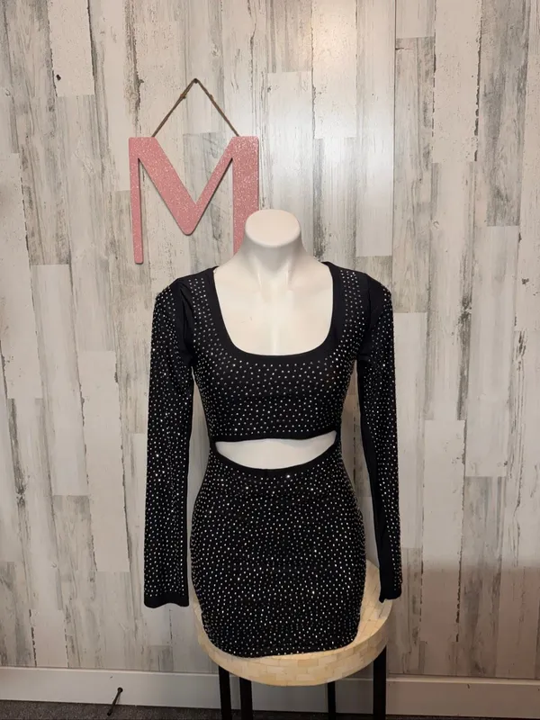 HOT & DELICIOUS Black Rhinestone Cutout Long Sleeve Mini Dress Womens Medium - Image 2
