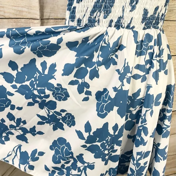 SheIn floral halter shirred waist A-line blue dress womens Size Large - Image 9