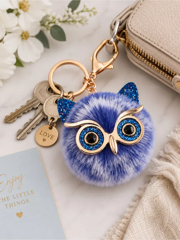 NEW Fluffy Owl Pom Keychain Bag Charm – Frosted Blue, White & Gold | NWT - Image 5