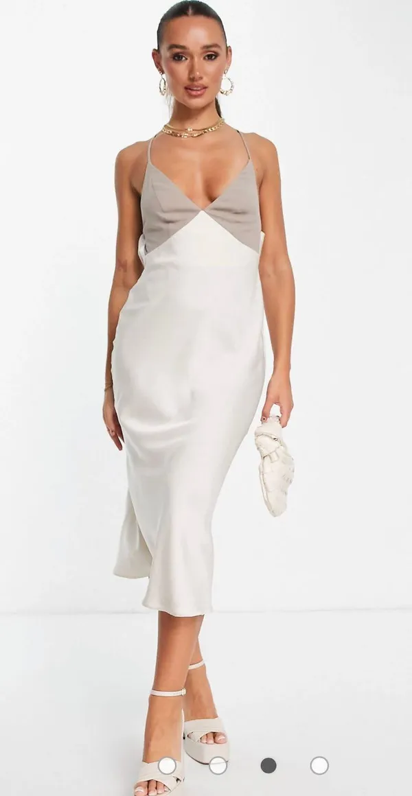 ASOS DESIGN color block satin midi dress with chiffon bodice detail in stone - Image 3