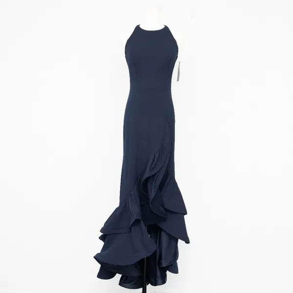 Betsy‎ & Adam Arielle Scuba Crepe Ruffle Slit Gown Navy Size 2 - Image 2