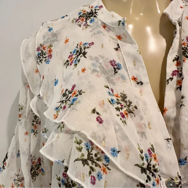 Zara Floral Chiffon Blouse Sz L Sheer Long Sleeves Top Ruffle - Image 2
