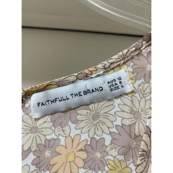 Faithfull The Brand La Falaise Dress Womens Large Beige Floral Puff Sleeve Boho - Image 3