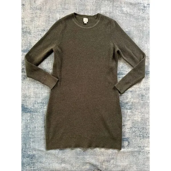 A New Day Olive Green Waffle Knit Long Sleeve Crew Neck Sweater Dress L - Image 2
