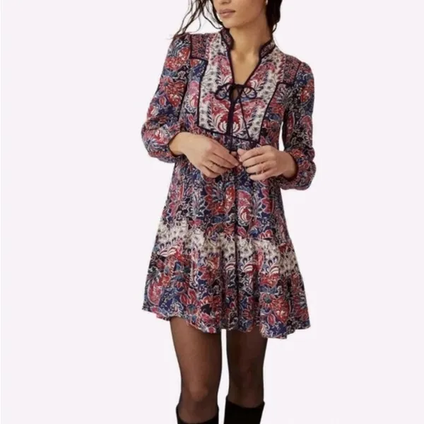 Anthropologie Spliced Tunic Dress Red & Blue Paisley Long Sleeve‎ Medium Petite - Image 2
