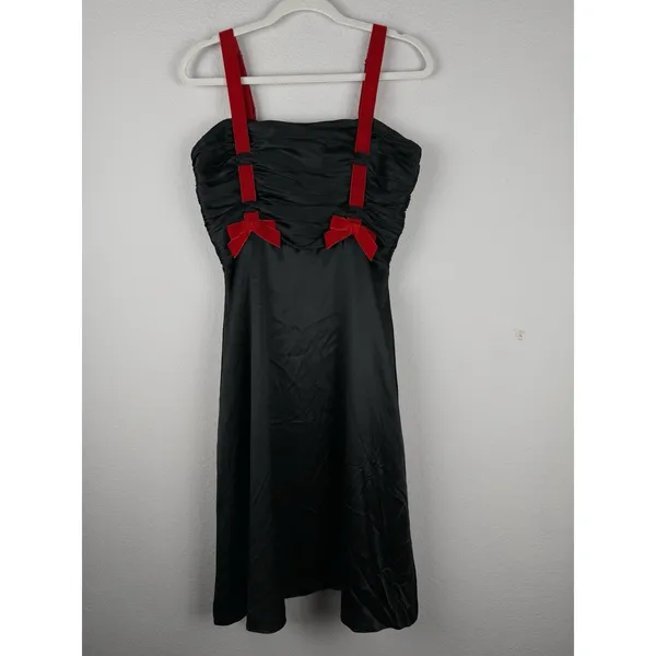 Betsey Johnson NY Vintage 90s Y2K Black Silk Red Velvet Bow Dress Gown Goth Punk - Image 6