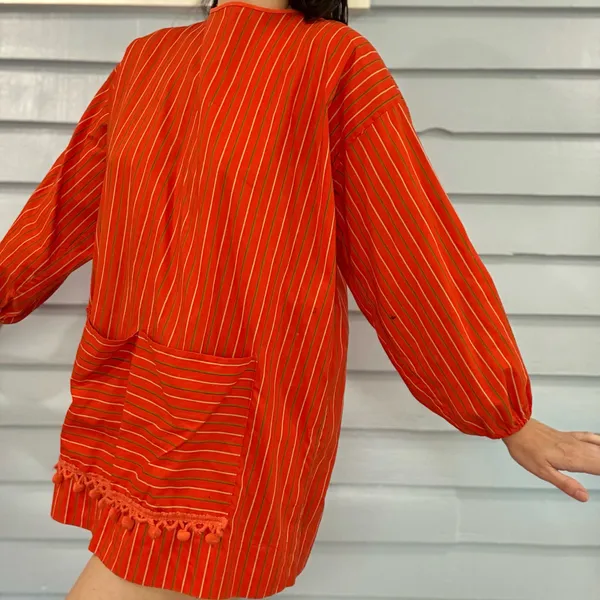 Vintage 60s/70s Stripe Balloon Sleeve Pom Pom Smock Top - Image 3