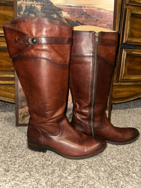 FRYE Molly Button Tall Brown Leather Riding Boots - Image 8