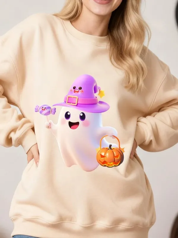 Beige Sweatshirt with Ghost and Pumpkin Design M Purple Size M - Image 3