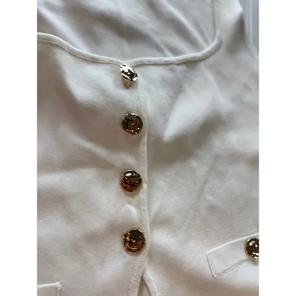 Blithe Anthropologie Knit Vest Ivory Gold Button Square Neck Back Tie Top L White Size L - Image 5