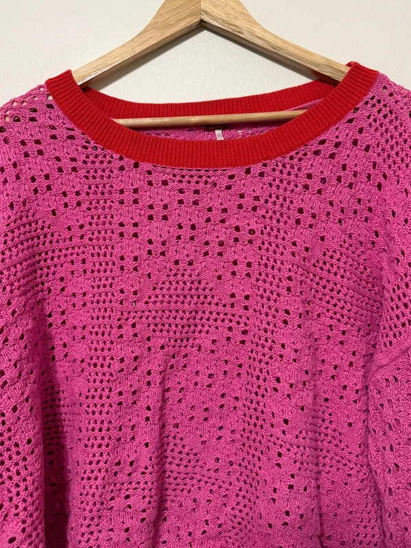 Free People Pink Crochet Knit Sweater Size Large Boho Fall Valentines Day - Image 4