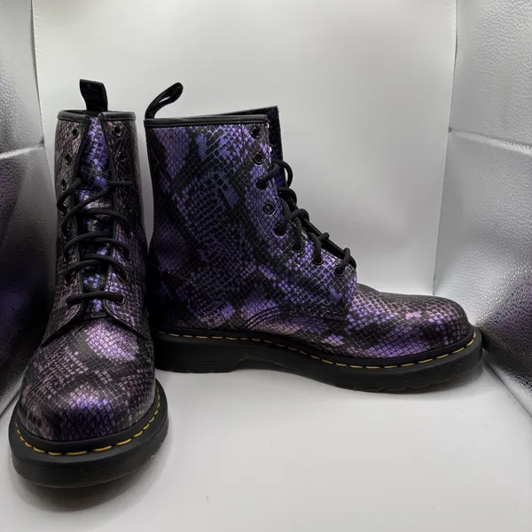 Dr. Martens Women's 10 31027 Pascal Purple Snake Print Leather 8 Eye AnkleBoots - Image 6
