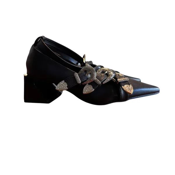 Guanghuiyuzu Black Pointed Toe Buckle Strappy Block Heels‎ Women's Size 35 - Image 15