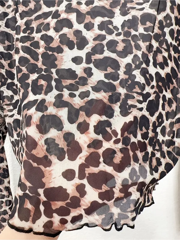 Miss Sparkling Leopard Print Sheer Mesh Mock Neck Long Sleeve Top XL - Image 3
