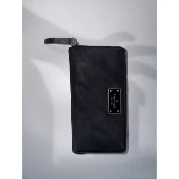 Kate Spade Black Nylon Zip Around Wallet Handbag Purse - Leather Zipper Pull‎ P - Image 2