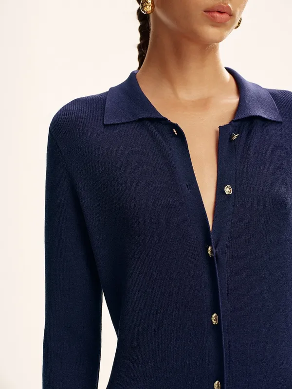 COMMENSE NWT Long Sleeve Button Knit Maxi Dress Navy Gold Buttons - Image 3