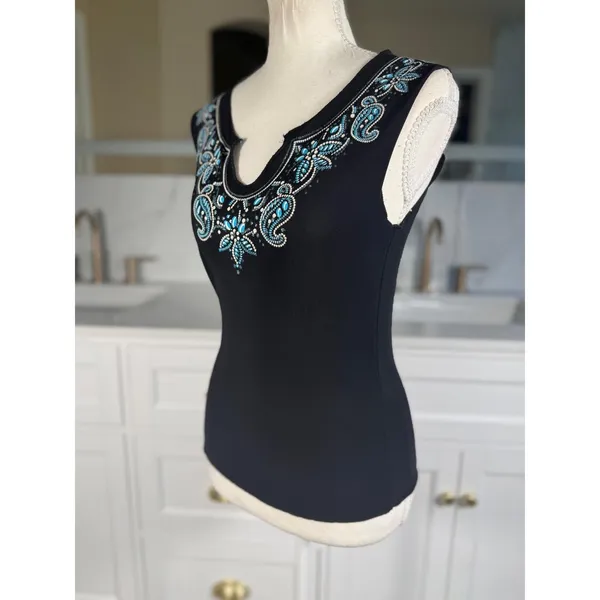 Team Athletics Beaded Paisley Tank Top Womens Medium Black Turquoise Sleeveless Split Neck - Image 8