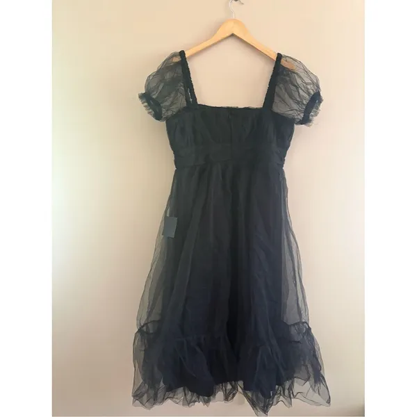 Lulus Flawless Aura Black Tulle Puff Sleeve Ruffled Midi Dress Size XL Formal - Image 5