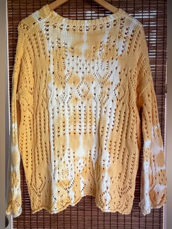 Yellow White Tie Dye Open Knit Cotton Oversized Sweater Small Boho Coastal - Image 7