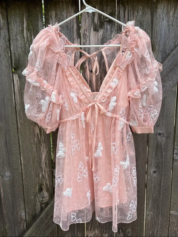 NWT For Love & Lemons Shari Sequined Butterfly Lace Puff Slv. Dress Size Small - Image 6
