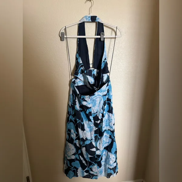Reiss Kaia Linen Halter Neck Midi Dress‎ Size 6 Black Blue Keyhole Vacation - Image 5