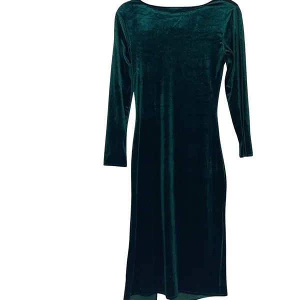 Olddnew Emerald Green Velvet Bodycon Midi Dress Medium 3/4 Sleeve Slit NWT‎ - Image 2