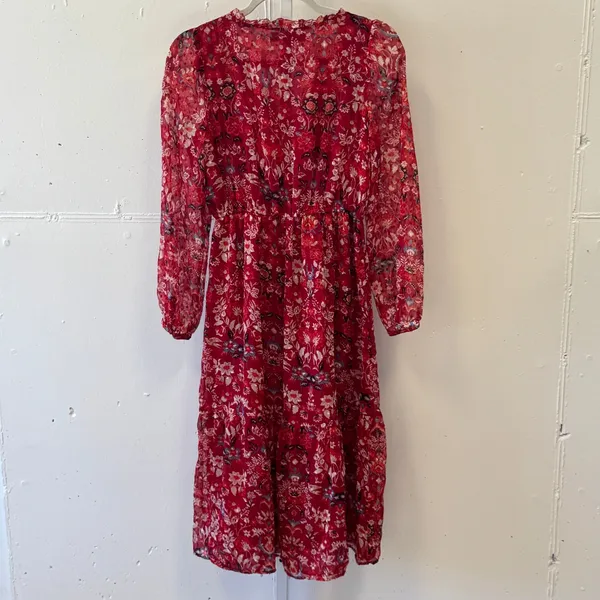 Loft Red Floral‎ Swiss Dot Midi Dress Long Sleeve Button Front V-Neck XS Red - Image 2