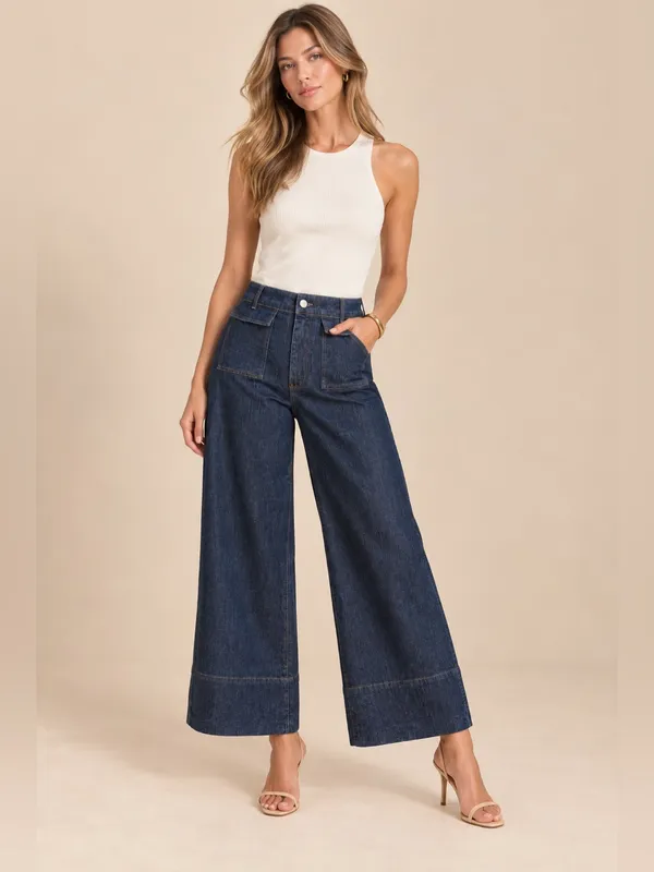 Zara Y2K Dark Wash High Rise Palazzo Wide Leg Patch Pocket Jeans 26” Inseam Crop - Image 7