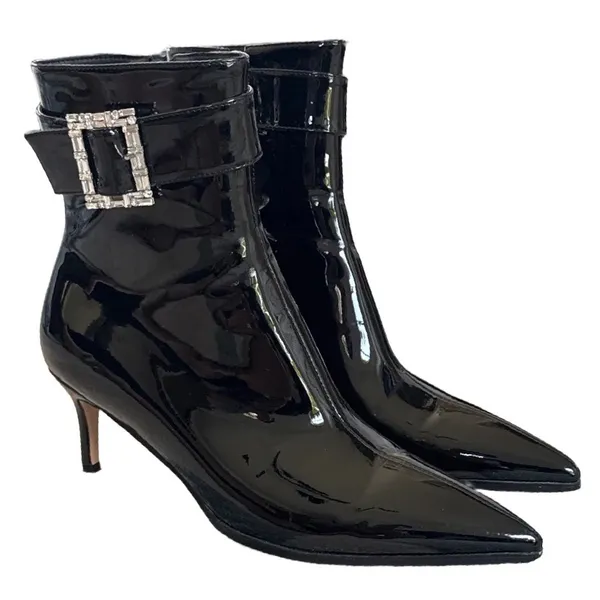 Black Patent Pointed Toe Ankle Boots Rhinestone Bling Buckle Kitten Heel Size 9 - Image 4