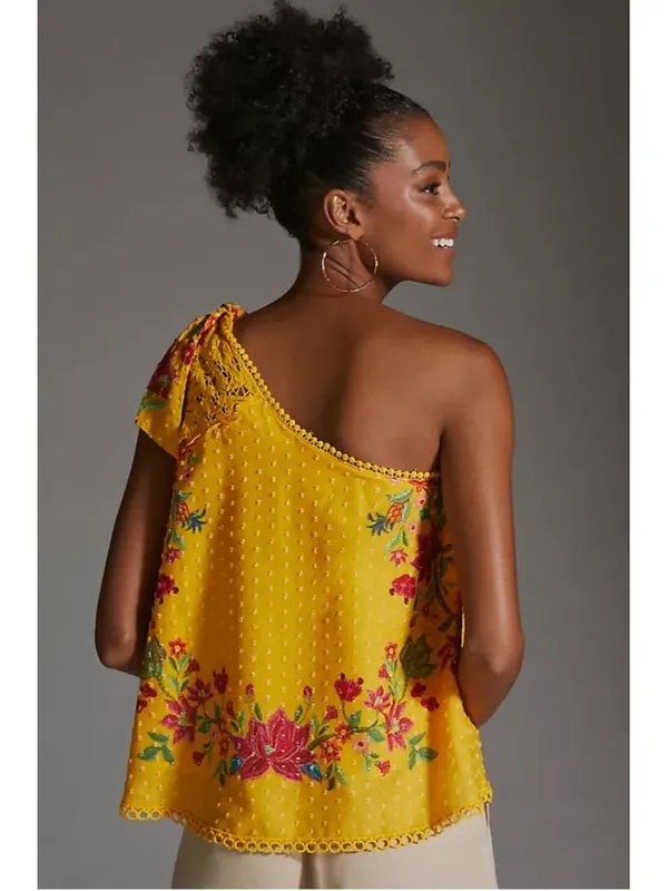 Farm Rio One-Shoulder Embroidered Blouse Size S (PTP 18”) - Image 6