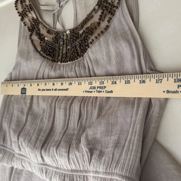 Womens L-XL Taupe Beaded Sequin‎ Neckline Sleeveless Maxi Dress Cowl Back - Image 7
