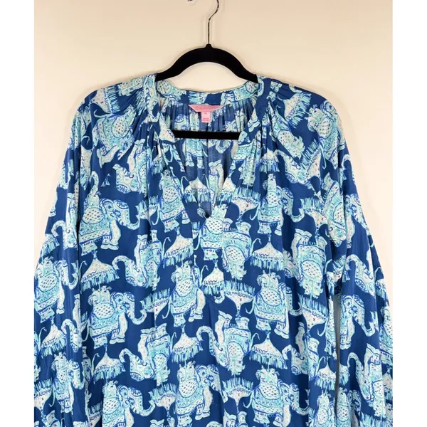Lilly Pulitzer Womens Top Blue Martinique Elephant V Neck Blouse Casual Medium - Image 7