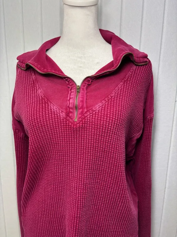 Free People Ashton Wine Half-Zip‎ Waffle Knit Pullover Size XL - Image 7