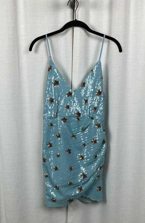Revolve Superdown Blue Star Print Sequin Dina Mini Dress Sz.S - Image 4