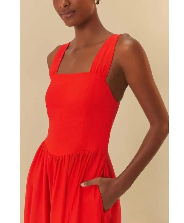 NWT Farm Rio Stretch Linen Blend Cami Maxi Dress Size S Classic RED - Image 4