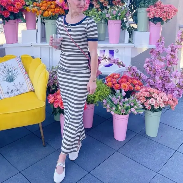 Ganni Blue White Striped T-Shirt Dress SMALL Ruched Knit Designer $325 Flaw - Image 5