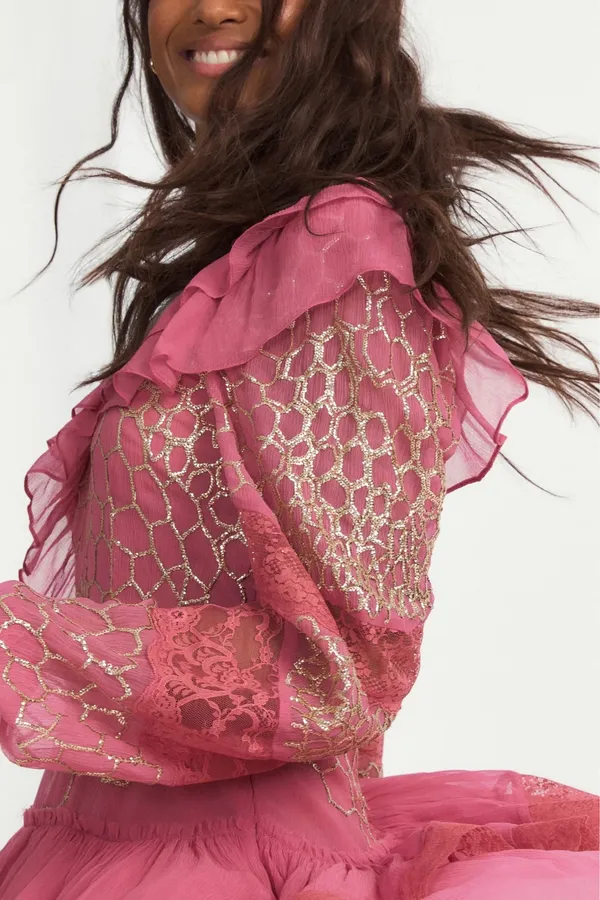 Love Shack Fancy Pink, Ruffled Mini Dress | 2 | Lace, Sparkle - Image 6
