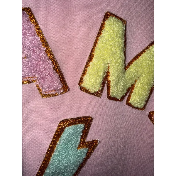Simply Southern Pink Mama Chenille Patch Sweatshirt M Lightning Bolt Glitter MOM - Image 3