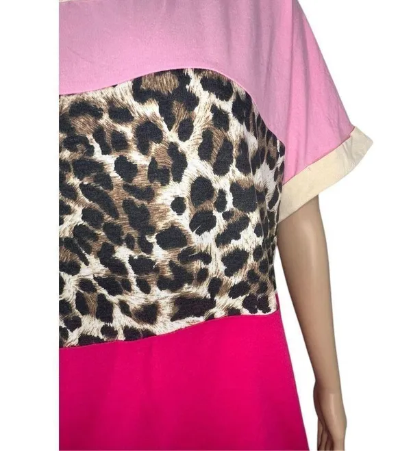 NWT Bibi Pink And Cheetah Print Color Block Loose Fit T-Shirt - Image 2