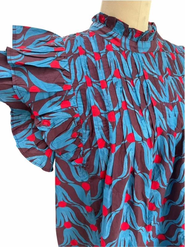Oliphant Pintuck Blue and Burgundy Floral Ruffle-Sleeve Blouse large - Image 3