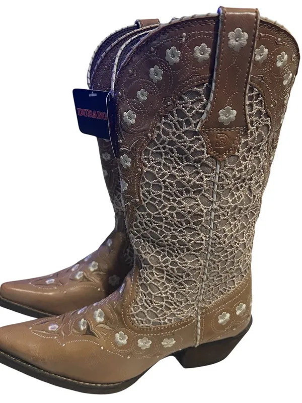 Durango cowboy boots tan leather white lace-like shaft floral - Image 3