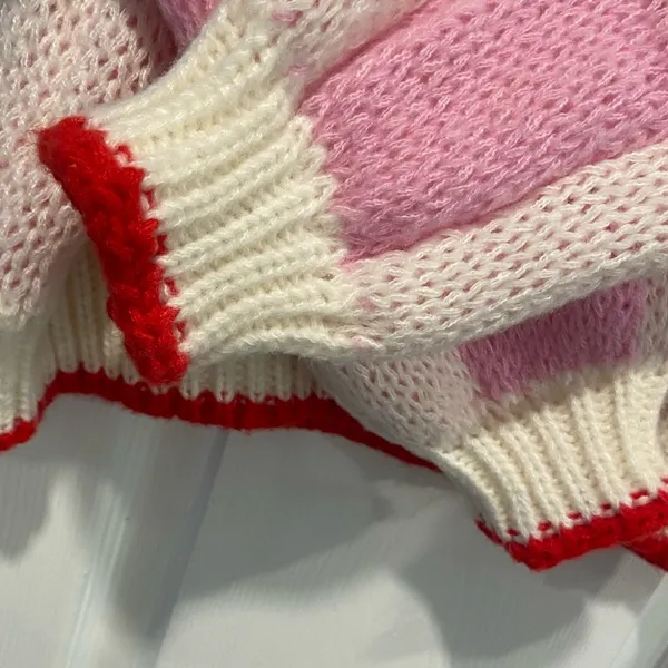 NWT Luna Ivy Size S Pink Cream Check Heart Chunky Knit Long Sleeve Crew Sweater - Image 3