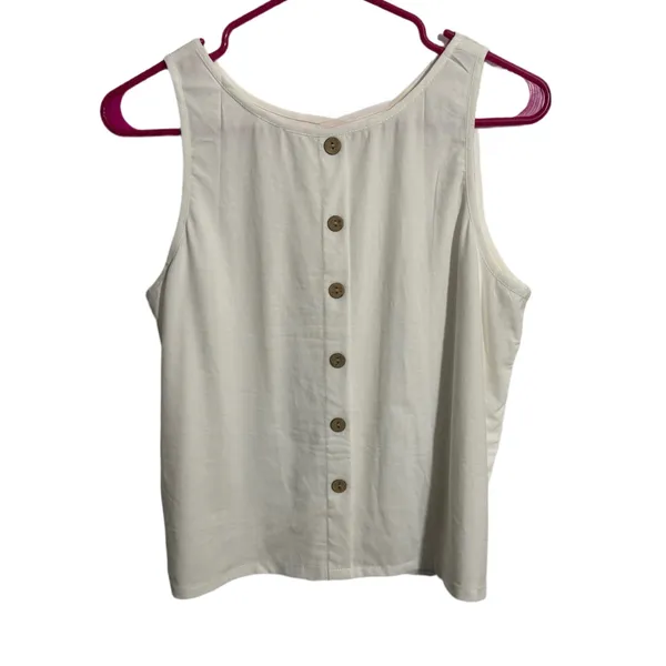 NWT White Linen Blend High Neck Tank Top Button Back Sleeveless Crop Top Medium - Image 3