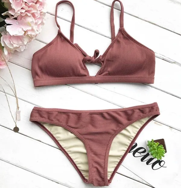 Burnt Red Ribbed Cut Out Bikini Set - Image 3