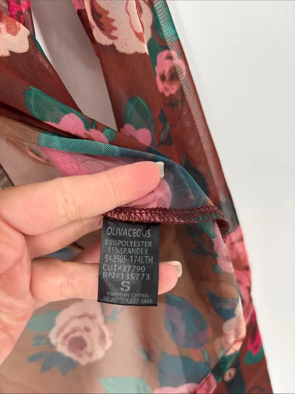 Olivacious sheer brown floral button down top small - Image 3