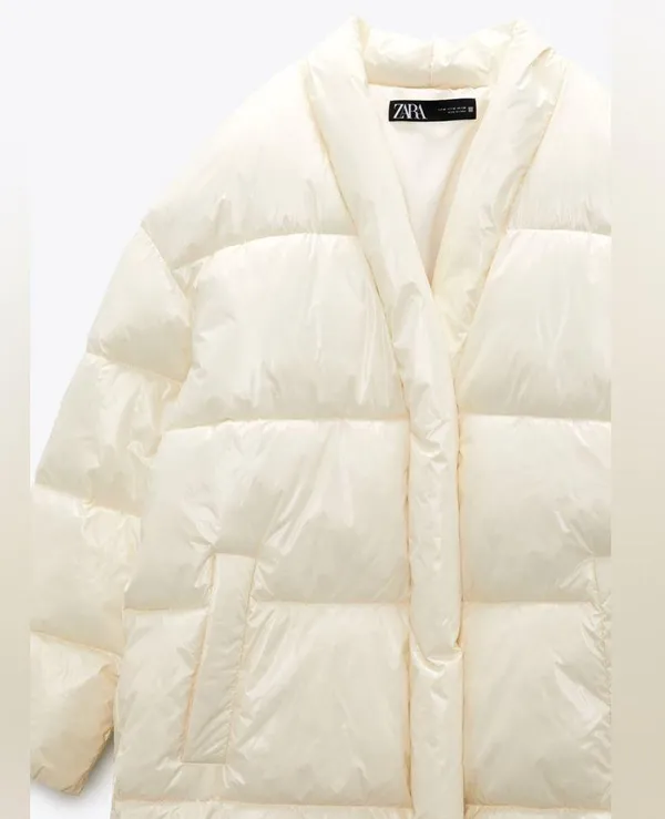 ZARA Water Repellent Puffer Padded Jacket Coat w/ Hidden Button Shinny White New - Image 13